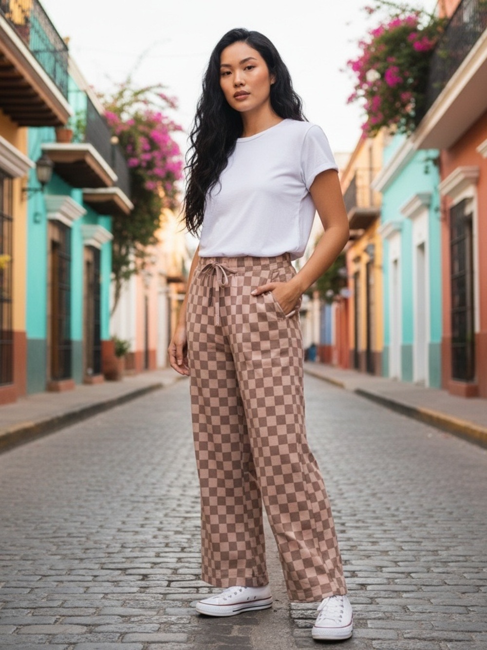 Albion Audrey Wide Leg Pants Brown and Cream Checkers Size Medium Tall